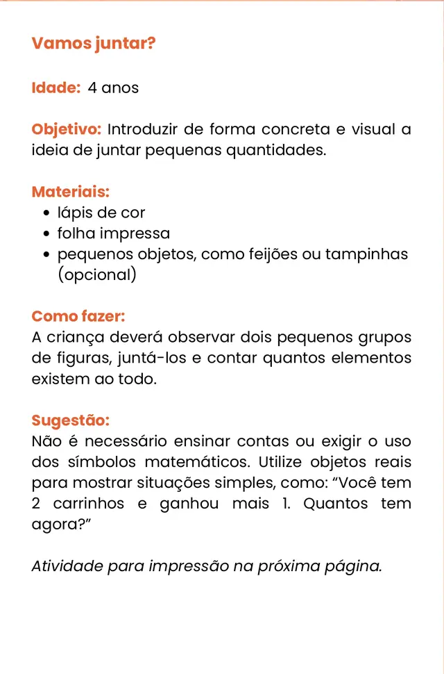 Ficha de orientação da atividade Vamos juntar?, com idade, objetivo, materiais, como fazer e sugestão